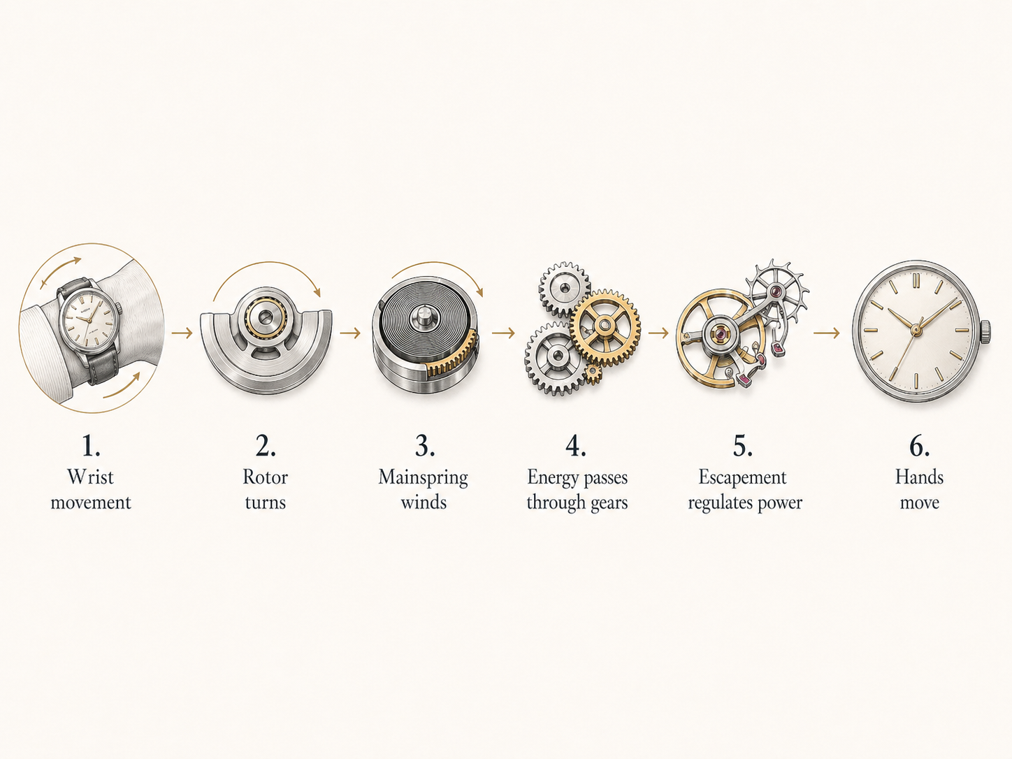 Step-by-step diagram showing how an automatic mechanical watch winds itself through wrist movement, rotor movement, mainspring winding, gears, escapement and moving hands