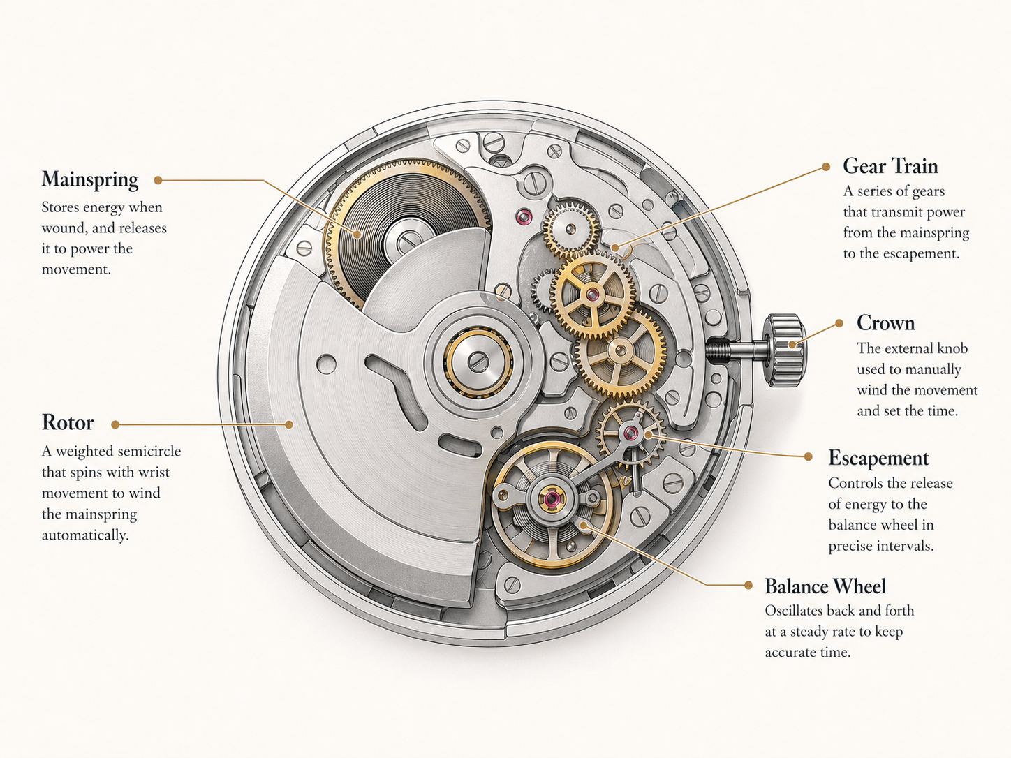 Diagram showing the main parts of an automatic mechanical watch movement including the rotor, mainspring, gear train, escapement, balance wheel and crown