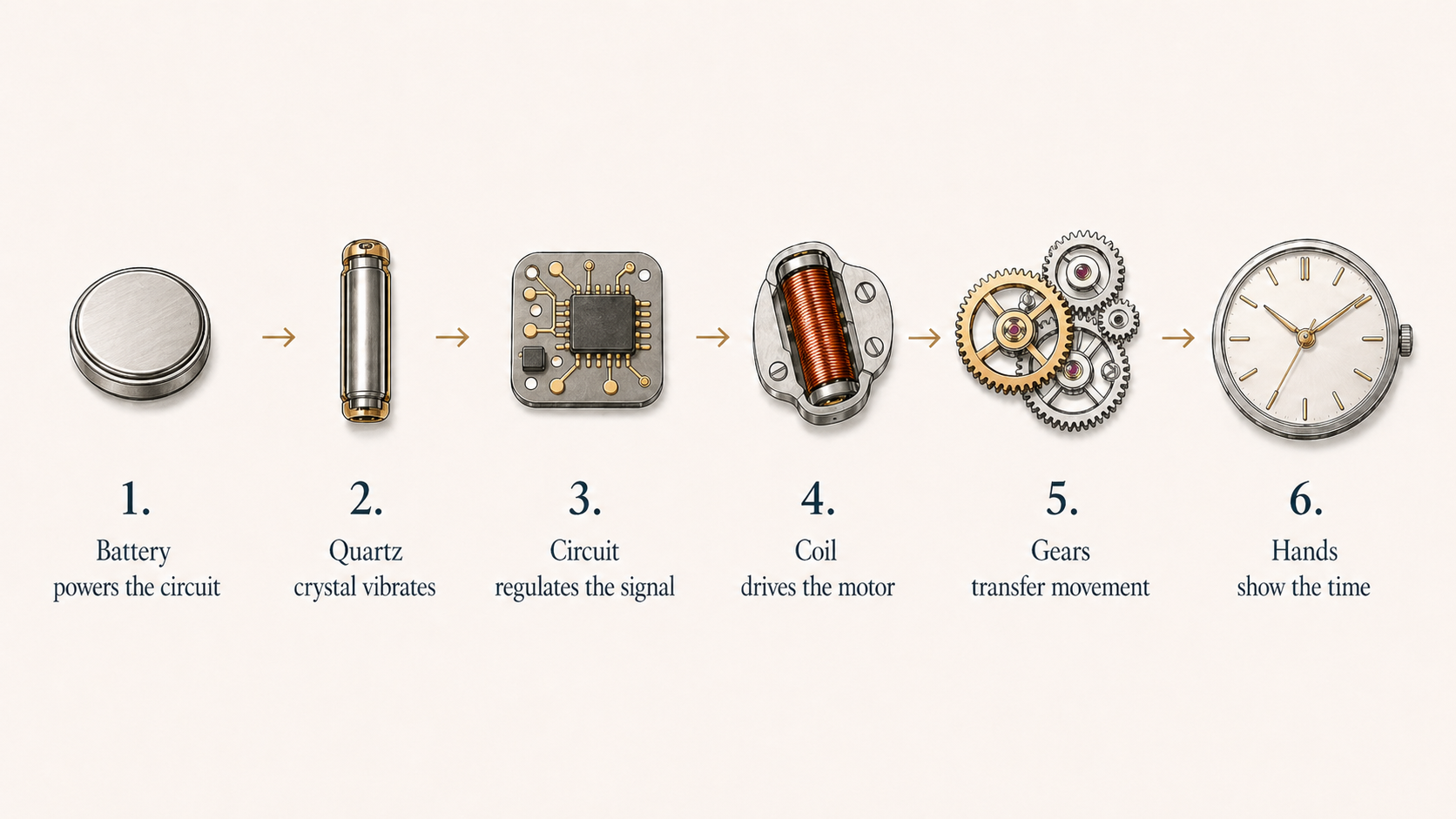 Step-by-step diagram showing how a quartz watch works, from battery power to quartz crystal vibration, circuit regulation, coil movement, gears and hands